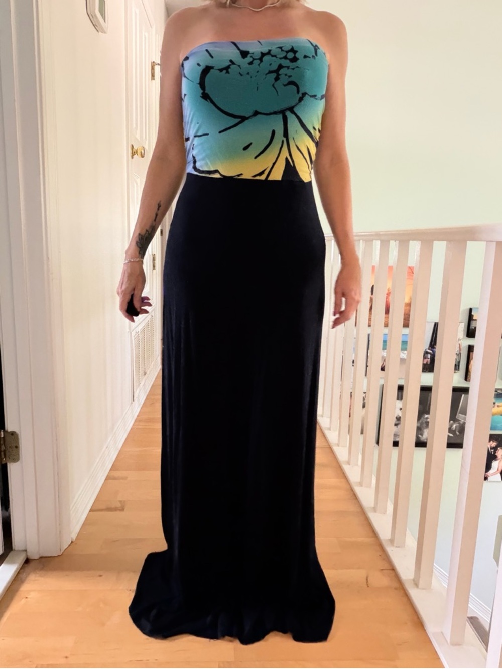 The Limited Strapless Maxi Dress in Teal, Yellow & Black